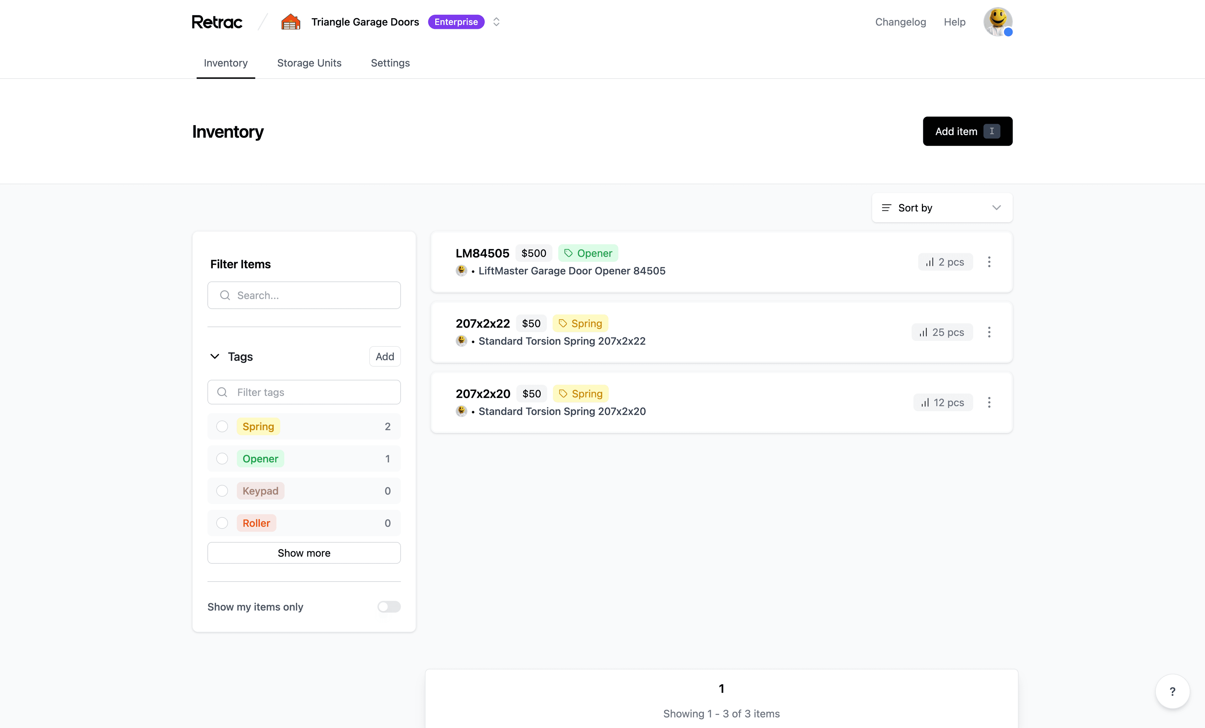 Retrac inventory dashboard